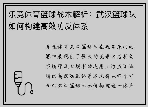 乐竞体育篮球战术解析：武汉篮球队如何构建高效防反体系