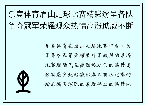 乐竞体育眉山足球比赛精彩纷呈各队争夺冠军荣耀观众热情高涨助威不断