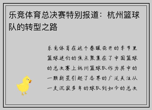 乐竞体育总决赛特别报道：杭州篮球队的转型之路