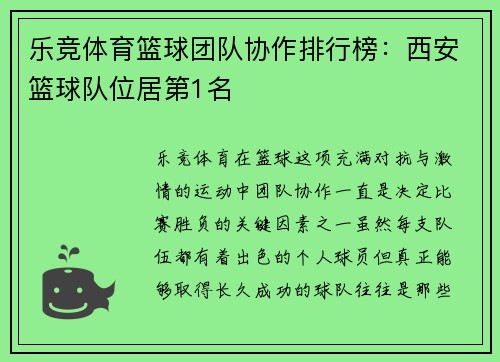 乐竞体育篮球团队协作排行榜：西安篮球队位居第1名